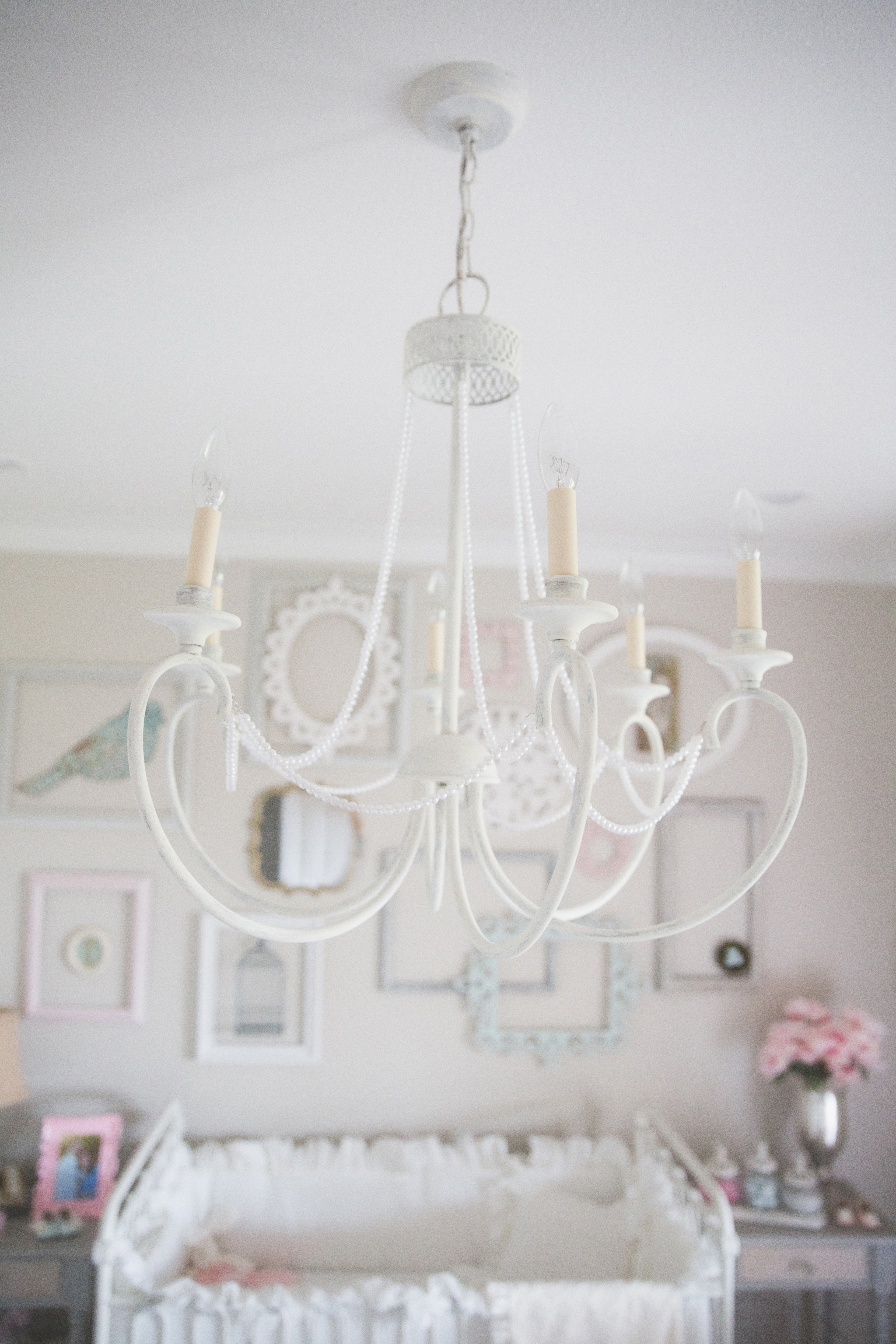 Gold Chandelier Repainted with White Chalk Paint and Strung with Pearls