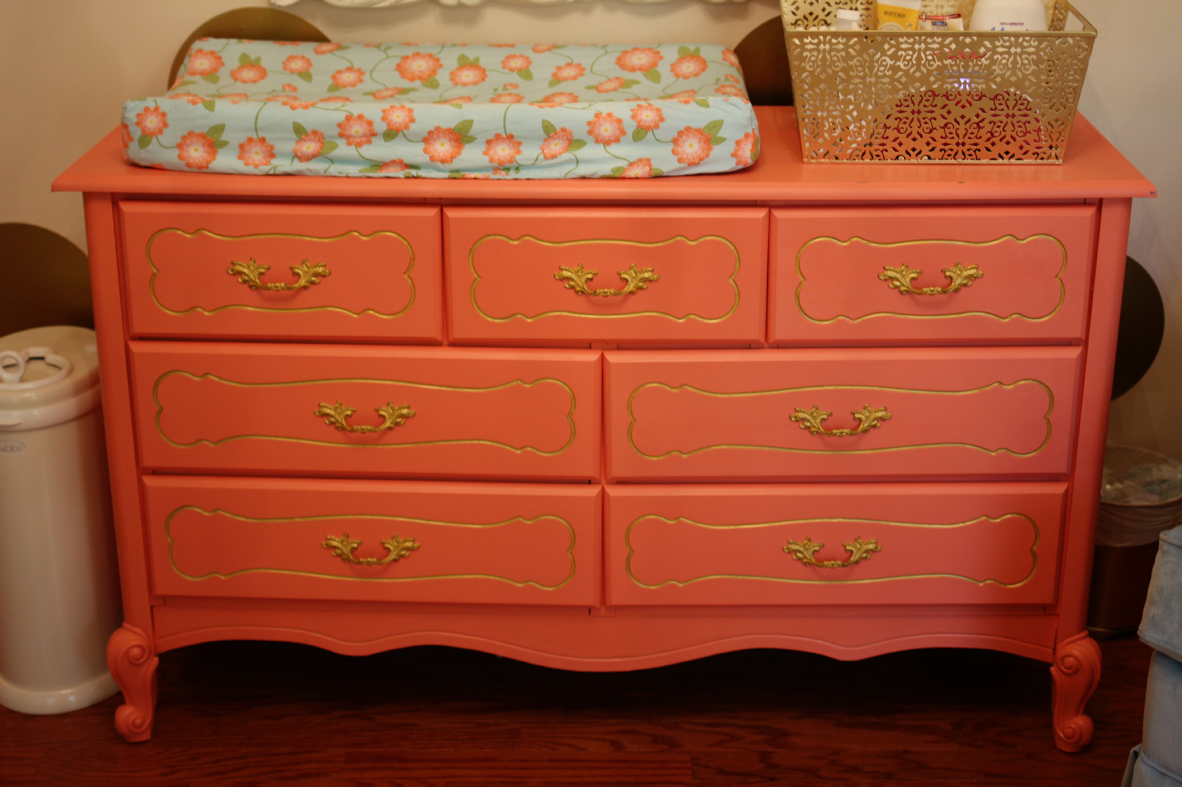 Custom Painted Coral and Gold Dresser