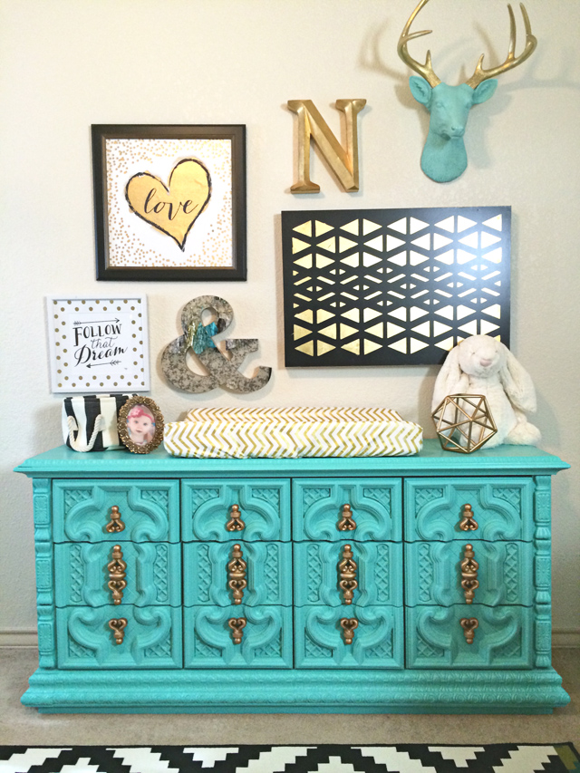 Turquoise Dresser in this Black, White, Gold and Aqua Nursery