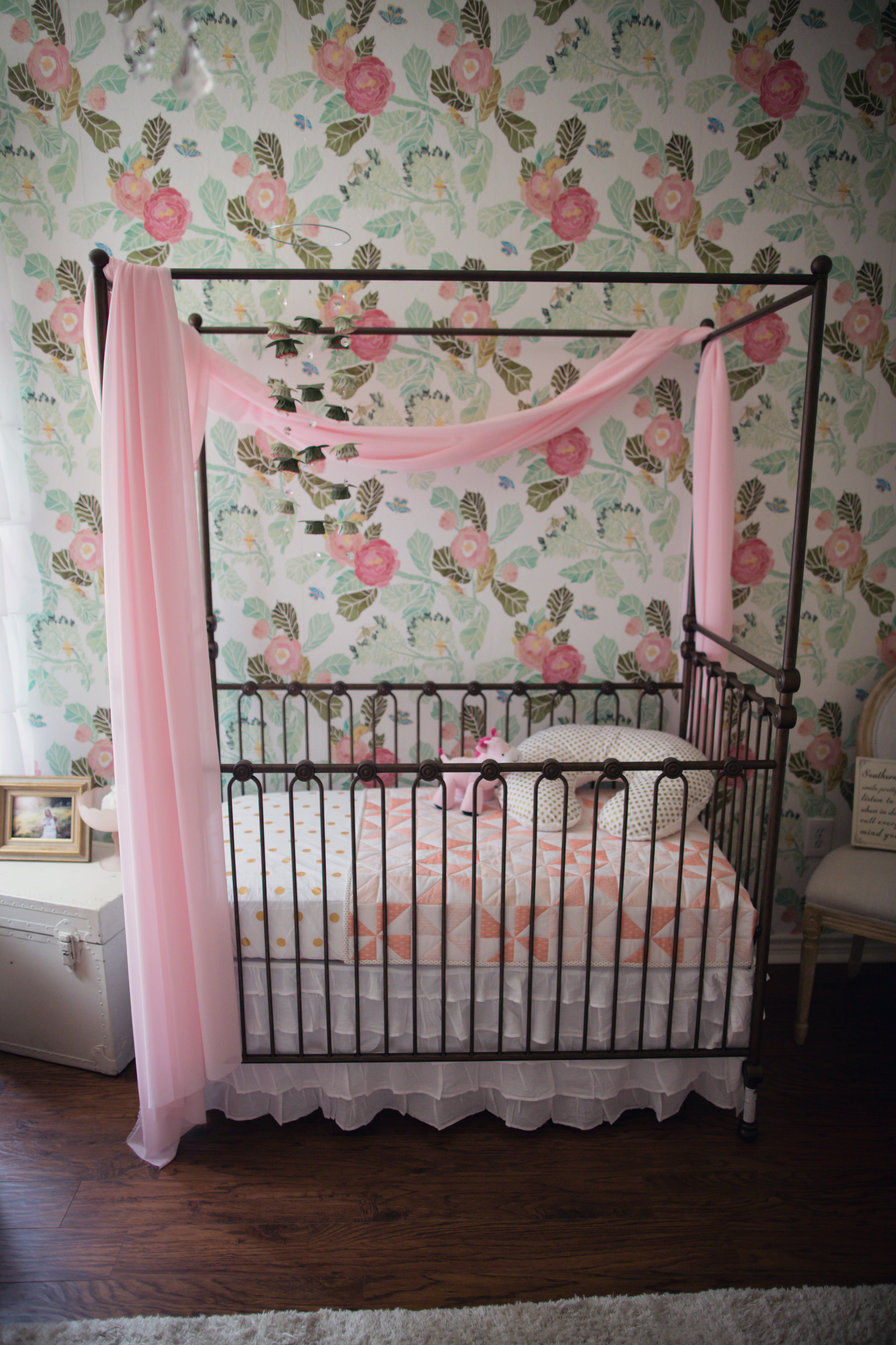 Watercolor Peony Wallpaper Accent Wall in this Gold and Floral Nursery