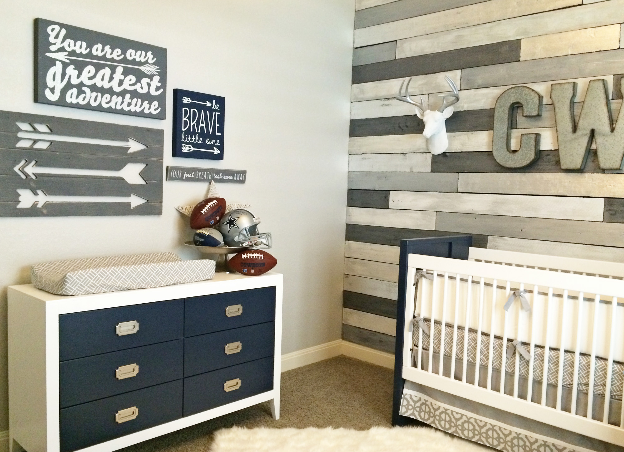 White and Navy Modern Crib and Dresser