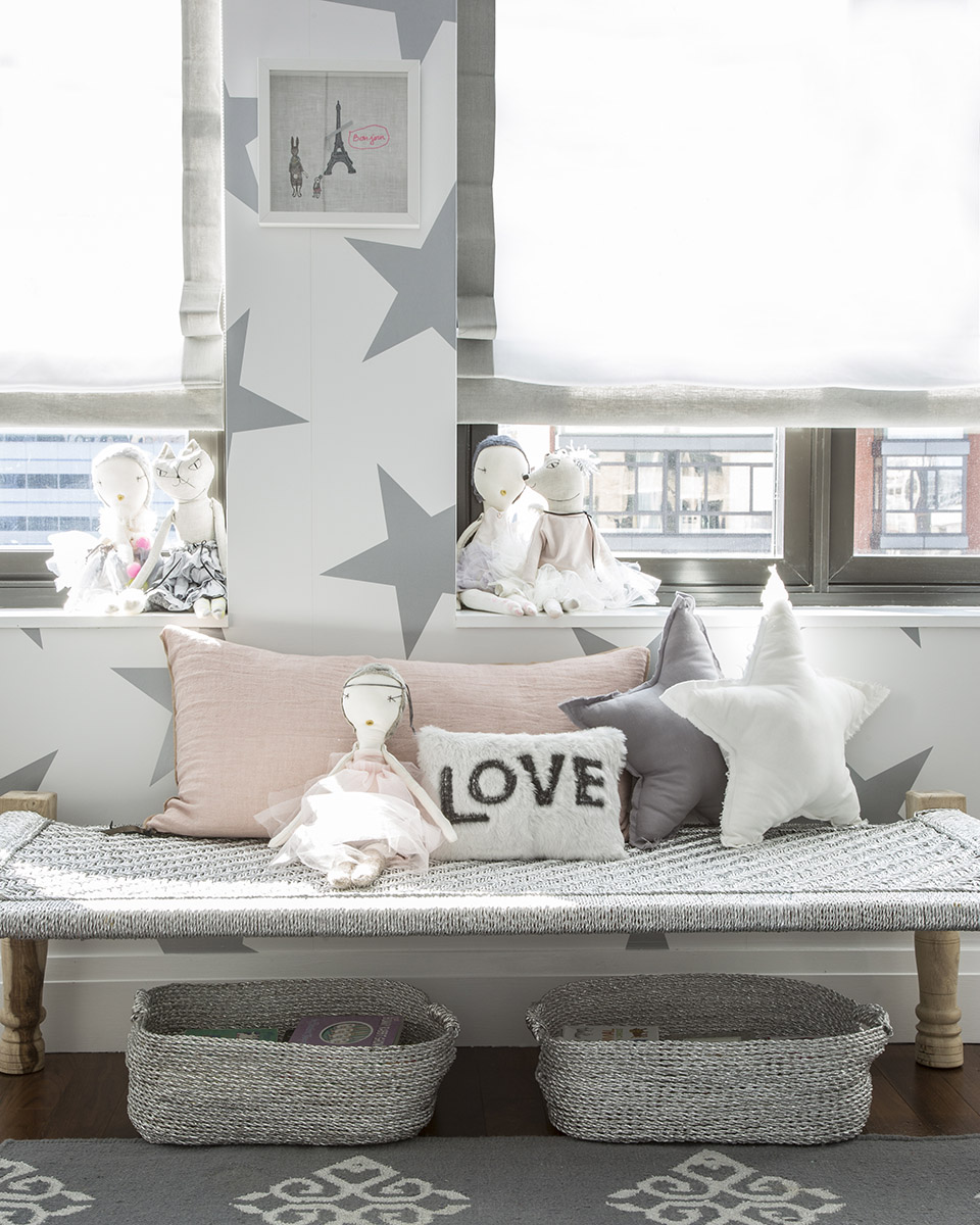 Bench with Star Pillows in this Lucky Star Playroom