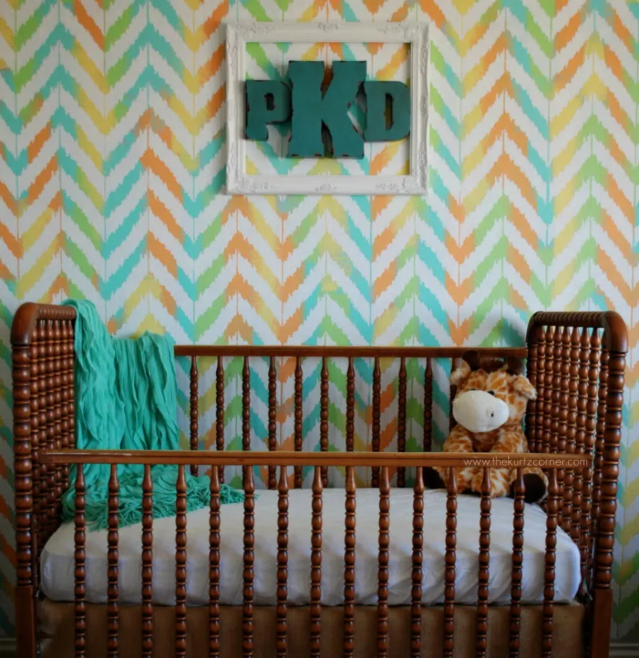 Ikat Zig Zag Wall Stencil in this Gender Neutral Nursery