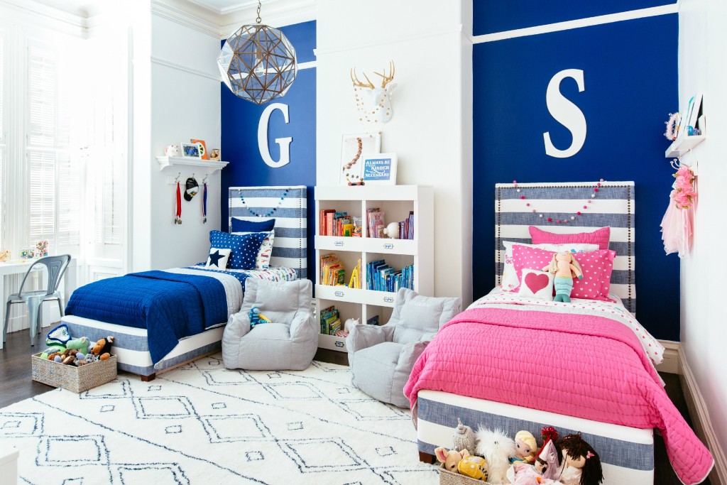 Navy Blue and Hot Pink Shared Boy and Girl Bedroom - Project Junior