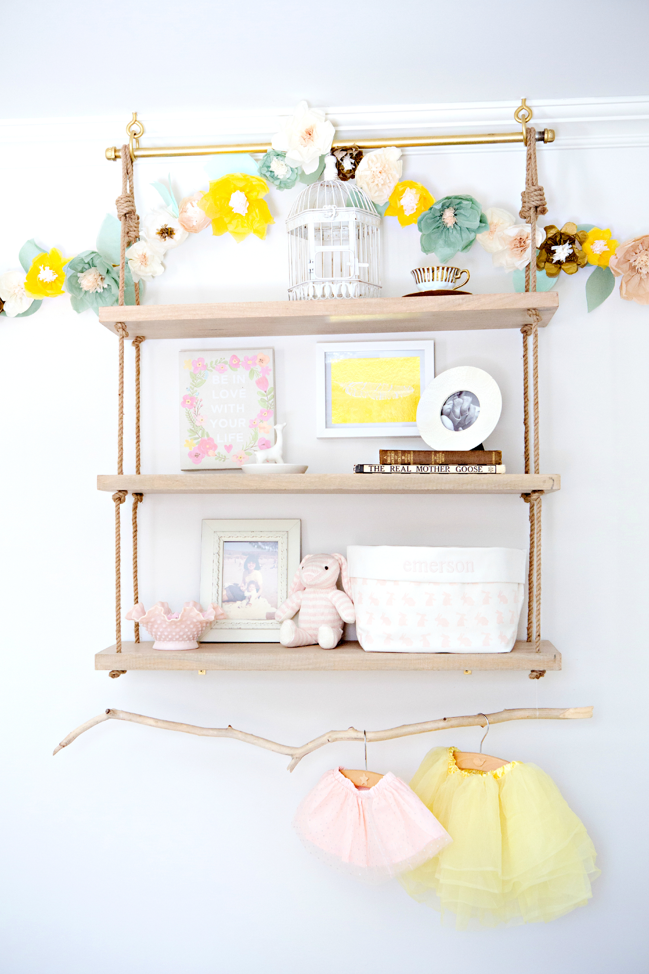 Rope Swing Shelf with Branch Detail and Floral Garland - Project Nursery