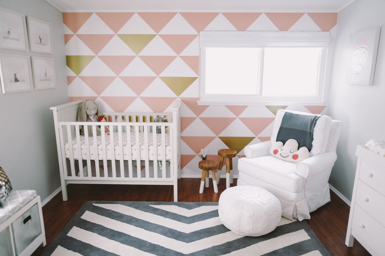 Pink and Gray Nursery with Triangle Accent Wall