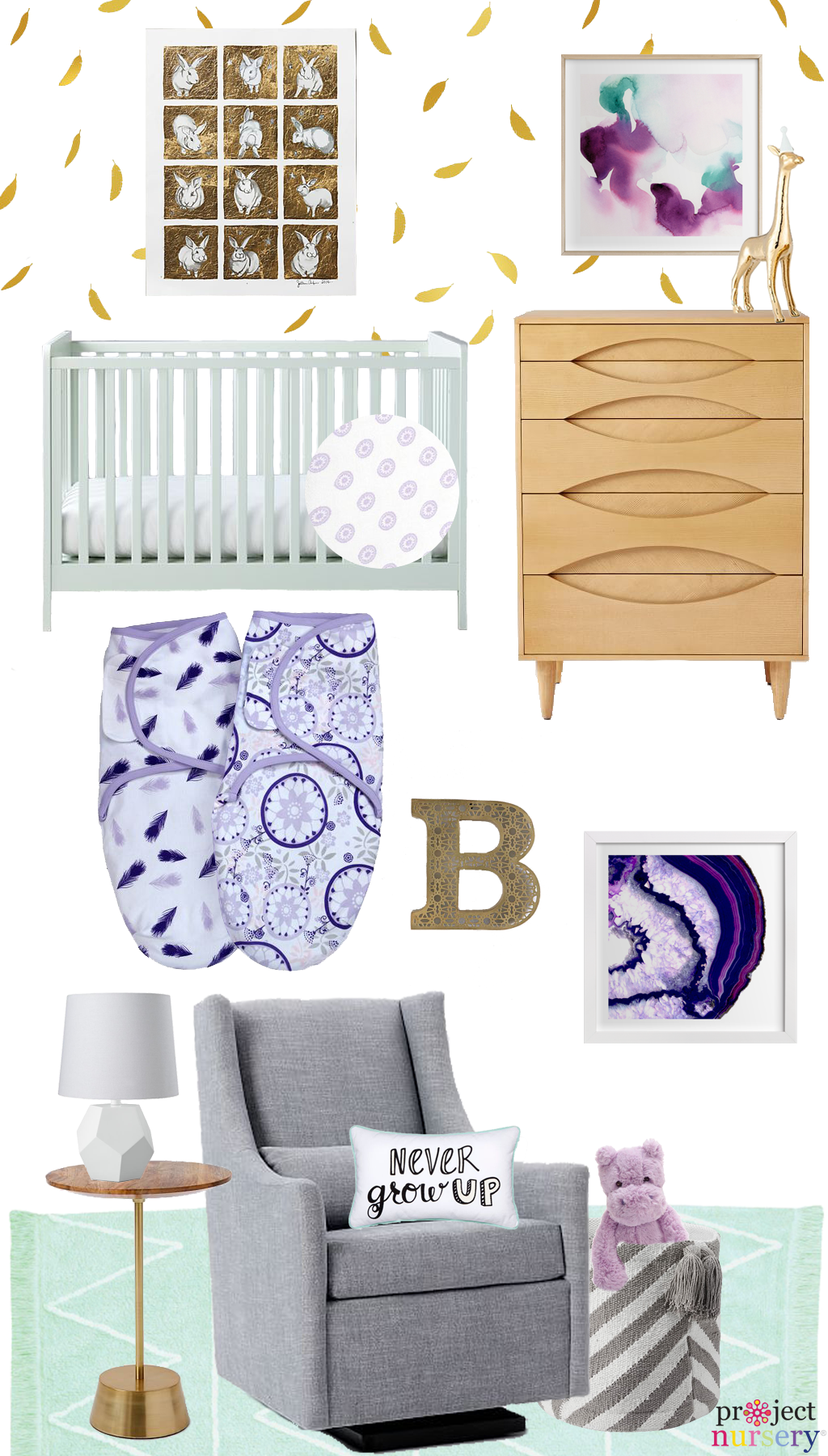 Purple, Mint and Gold Feather Nursery Design Board