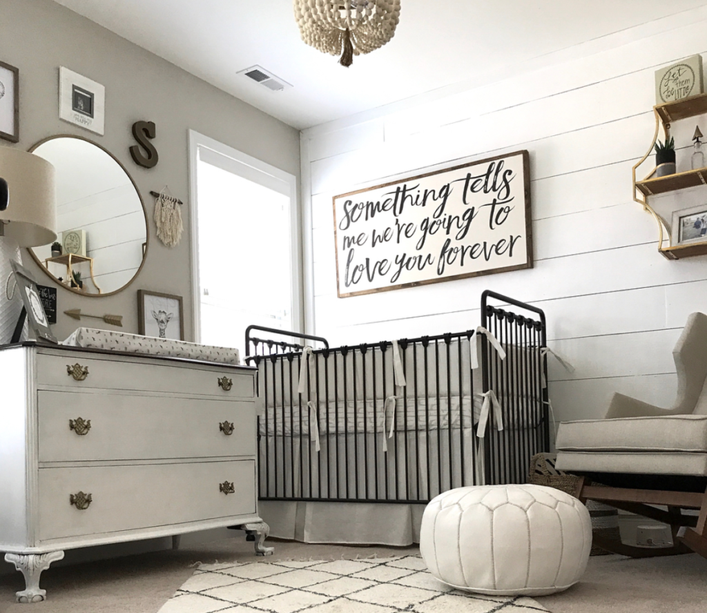 Neutral Nursery with Framed Quote on Shiplap Wall