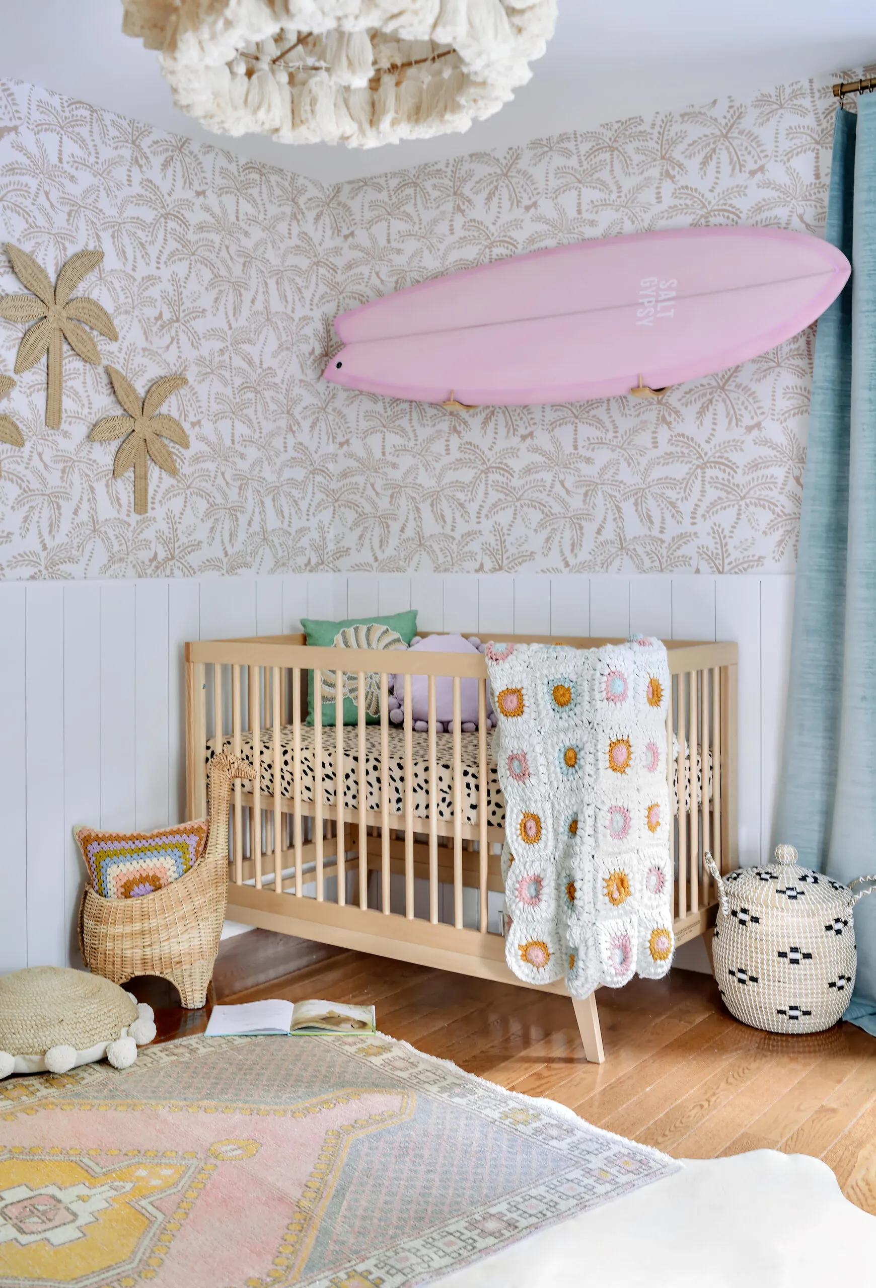 Surfer Girl Nursery with Pink Surfboard and Palm Tree Decor