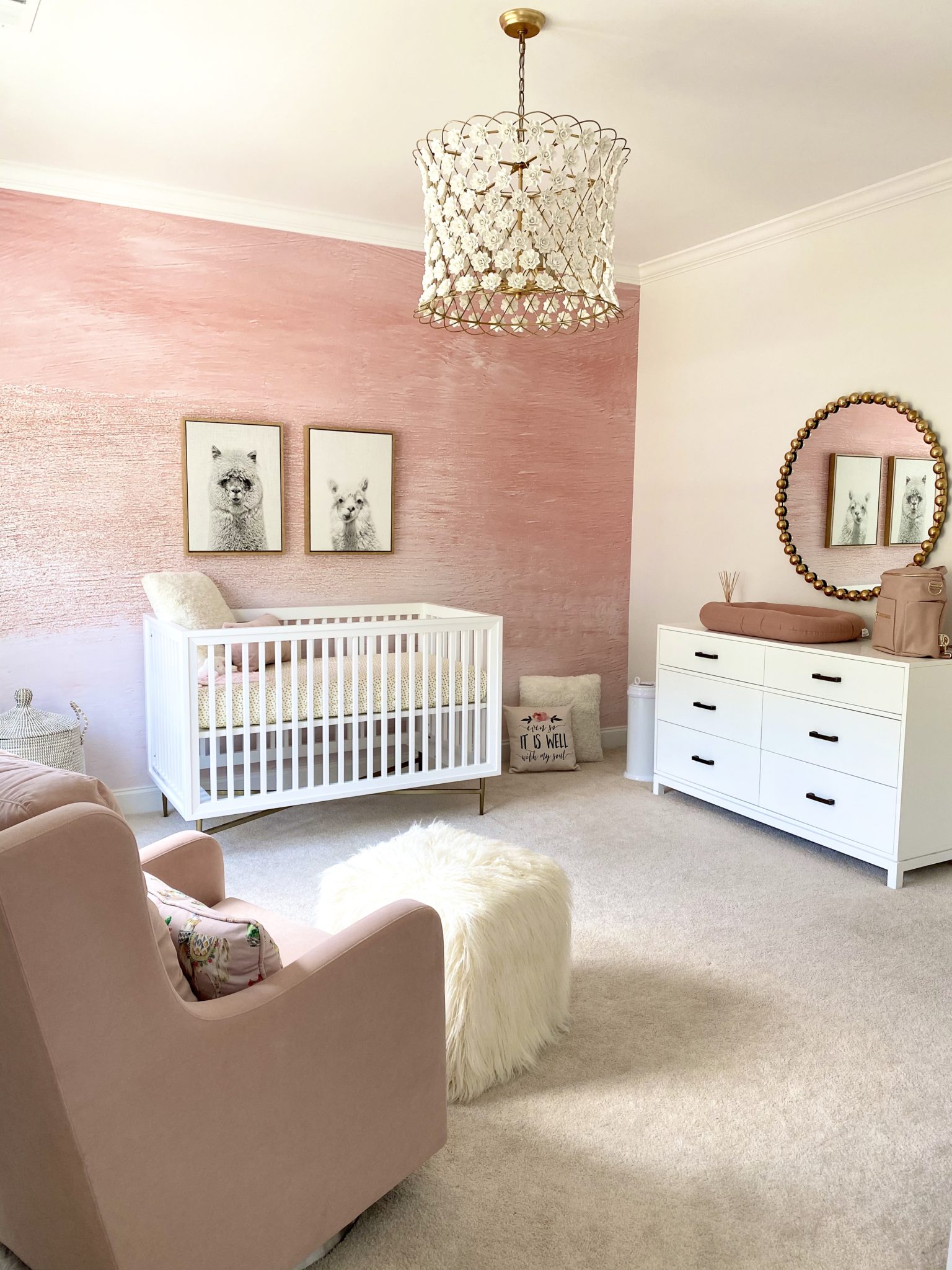 Blush Llama Nursery with Ombre Wallpaper Mural